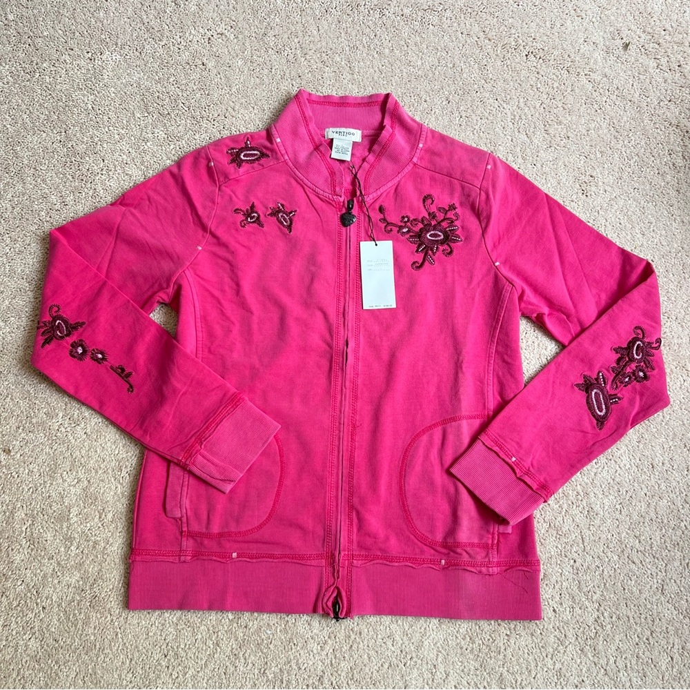 Vertigo Paris Magenta Pink Zip-Up Jacket with Boho Floral Embroidery Designs